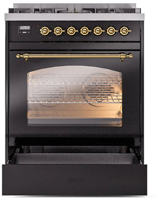 ILVE Nostalgie II 30-Inch Dual Fuel Range with 5 Burners, Glossy Black Brass Trim