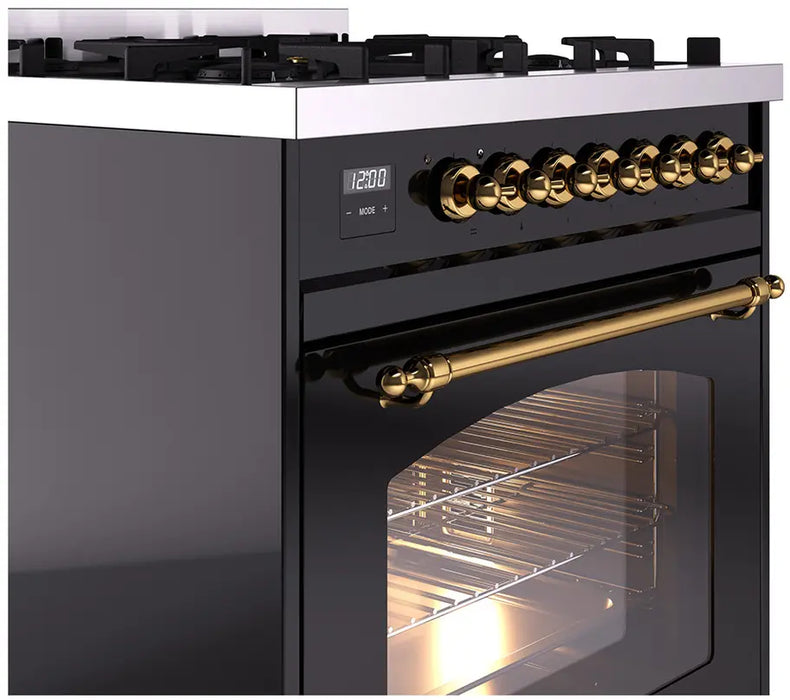 ILVE Nostalgie II 30-Inch Dual Fuel Range with 5 Burners, Glossy Black Brass Trim