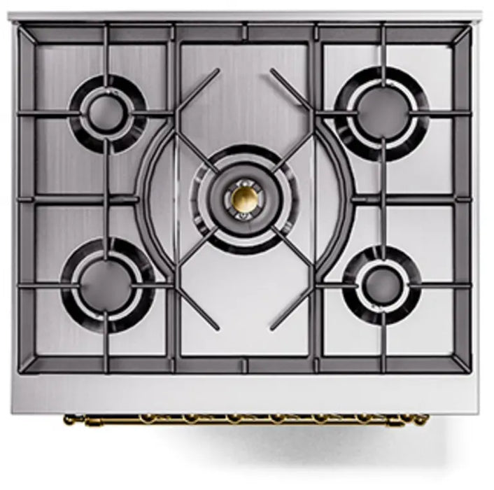 ILVE Nostalgie II 30-Inch Dual Fuel Range with 5 Burners, Glossy Black Brass Trim
