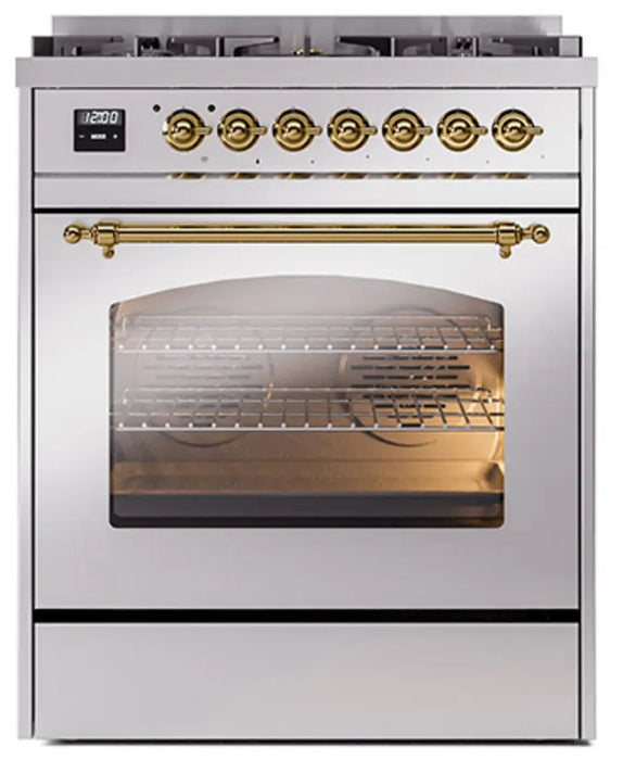 ILVE Nostalgie II 30-Inch Dual Fuel Range with 5 Sealed Burners, Stainless Steel Brass Trim