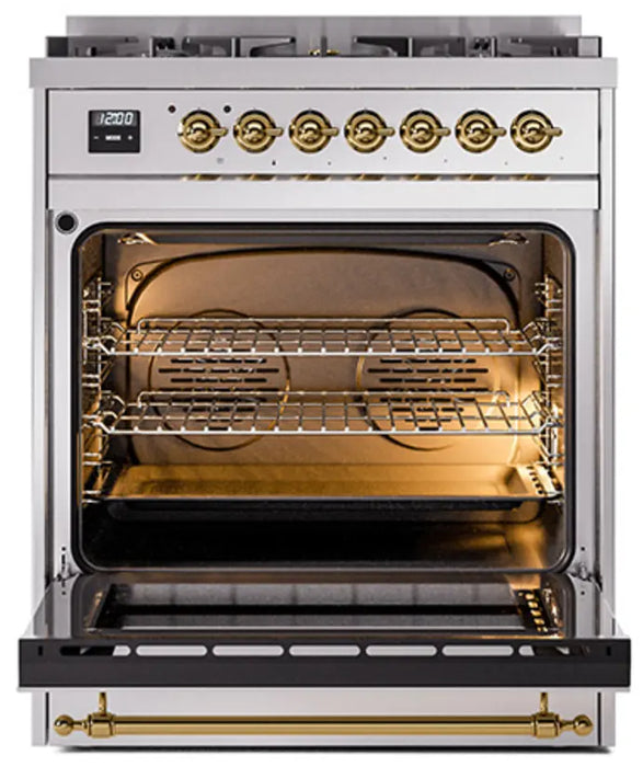 ILVE Nostalgie II 30-Inch Dual Fuel Range with 5 Sealed Burners, Stainless Steel Brass Trim