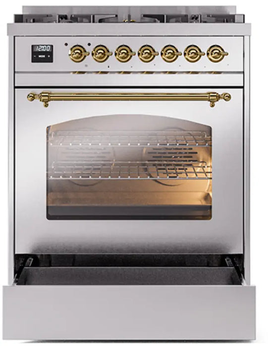 ILVE Nostalgie II 30-Inch Dual Fuel Range with 5 Sealed Burners, Stainless Steel Brass Trim