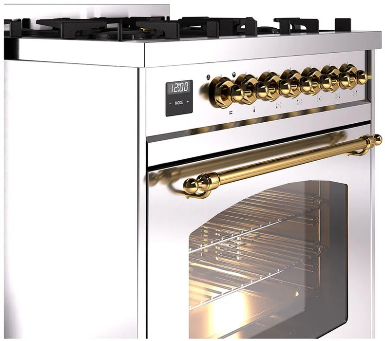 ILVE Nostalgie II 30-Inch Dual Fuel Range with 5 Sealed Burners, Stainless Steel Brass Trim