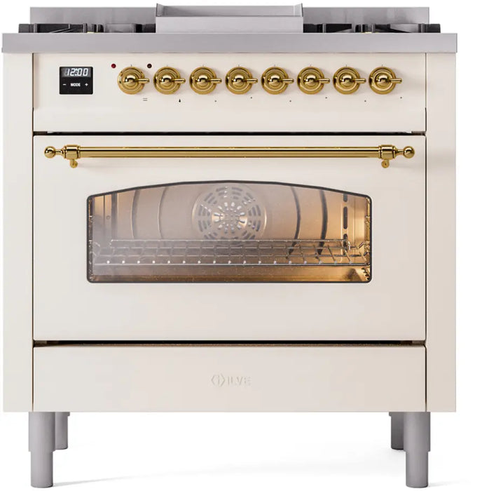 ILVE Nostalgie II 36-Inch Dual Fuel Range with 6 Burners and Griddle, Antique White Brass Trim