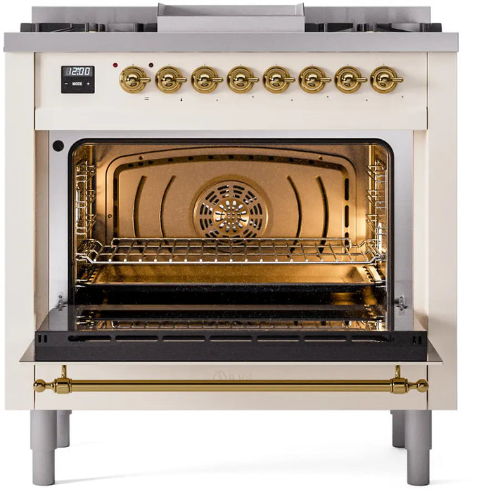 ILVE Nostalgie II 36-Inch Dual Fuel Range with 6 Burners and Griddle, Antique White Brass Trim