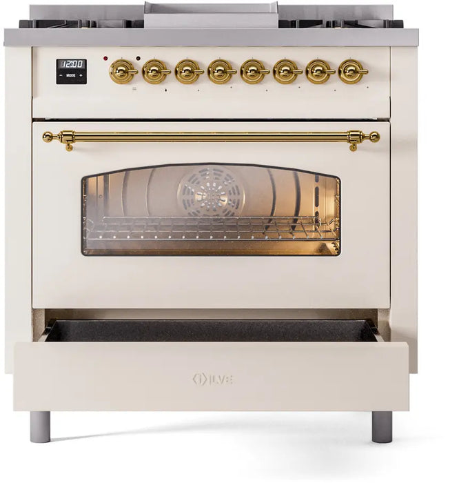 ILVE Nostalgie II 36-Inch Dual Fuel Range with 6 Burners and Griddle, Antique White Brass Trim