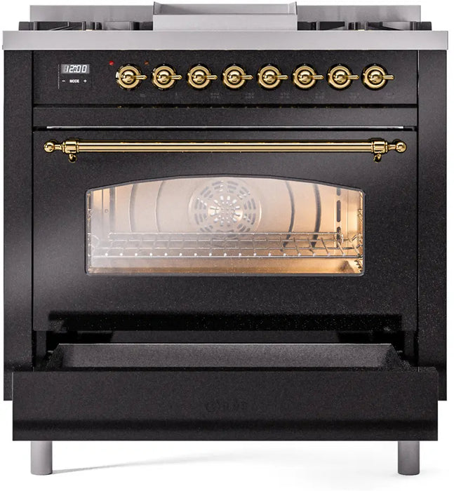 ILVE Nostalgie II 36-Inch Dual Fuel Range with 6 Burners and Griddle, Glossy Black Brass Trim
