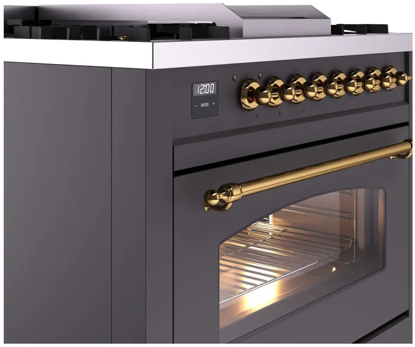 ILVE Nostalgie II 36-Inch Dual Fuel Range with 6 Burners and Griddle, Graphite Matte Brass Trim