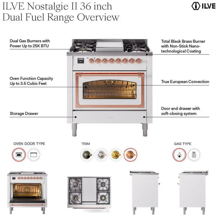 ILVE Nostalgie II 36-Inch Dual Fuel Range with 6 Burners and Griddle, Stainless Steel Brass Trim