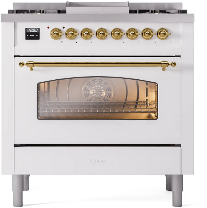 ILVE Nostalgie II 36-Inch Dual Fuel Range with 6 Burners and Griddle, White Brass Trim