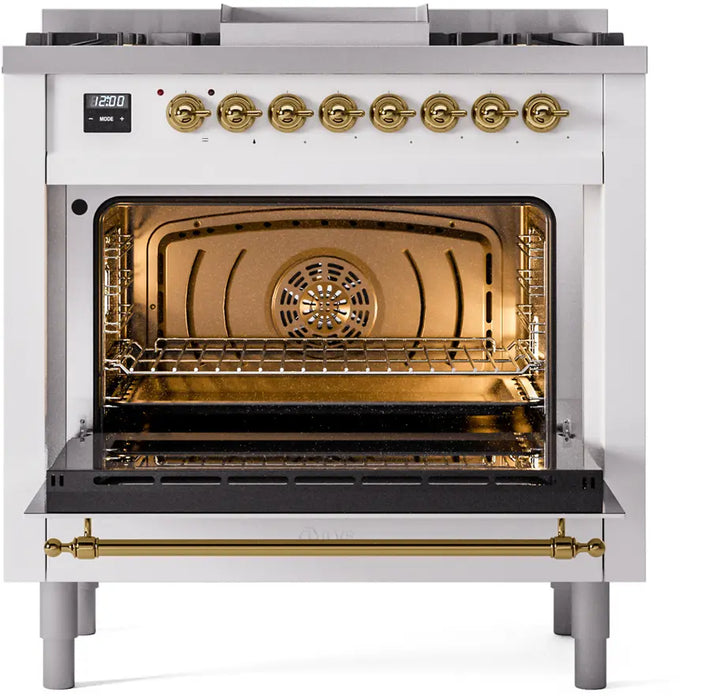 ILVE Nostalgie II 36-Inch Dual Fuel Range with 6 Burners and Griddle, White Brass Trim