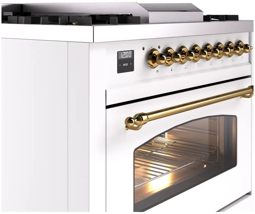 ILVE Nostalgie II 36-Inch Dual Fuel Range with 6 Burners and Griddle, White Brass Trim
