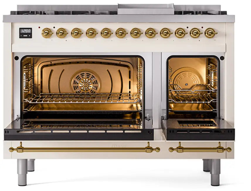ILVE Nostalgie II 48-Inch Dual Fuel Range with 8 Burners and Griddle, Antique White Brass Trim