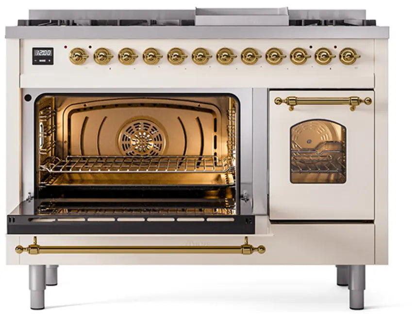 ILVE Nostalgie II 48-Inch Dual Fuel Range with 8 Burners and Griddle, Antique White Brass Trim