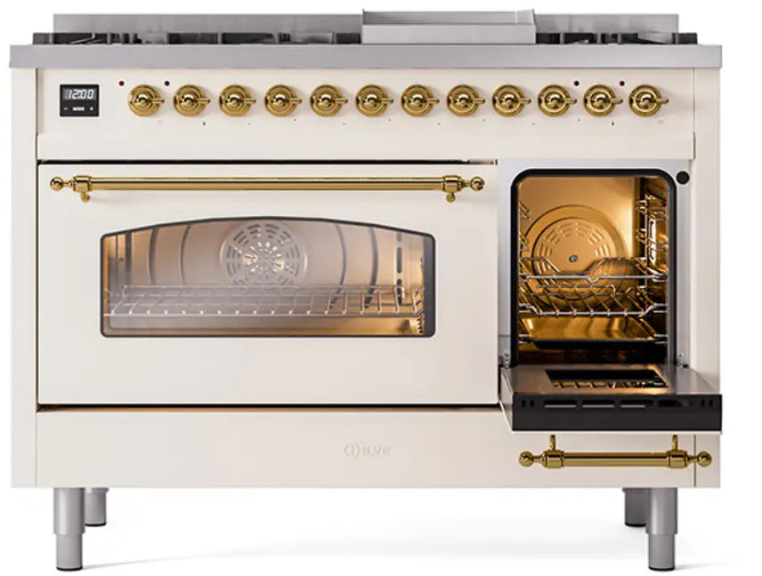 ILVE Nostalgie II 48-Inch Dual Fuel Range with 8 Burners and Griddle, Antique White Brass Trim