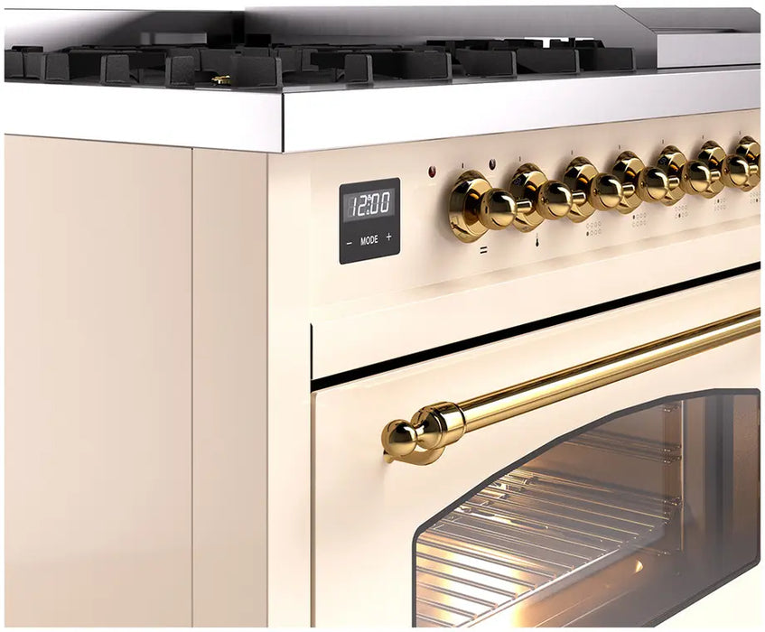 ILVE Nostalgie II 48-Inch Dual Fuel Range with 8 Burners and Griddle, Antique White Brass Trim
