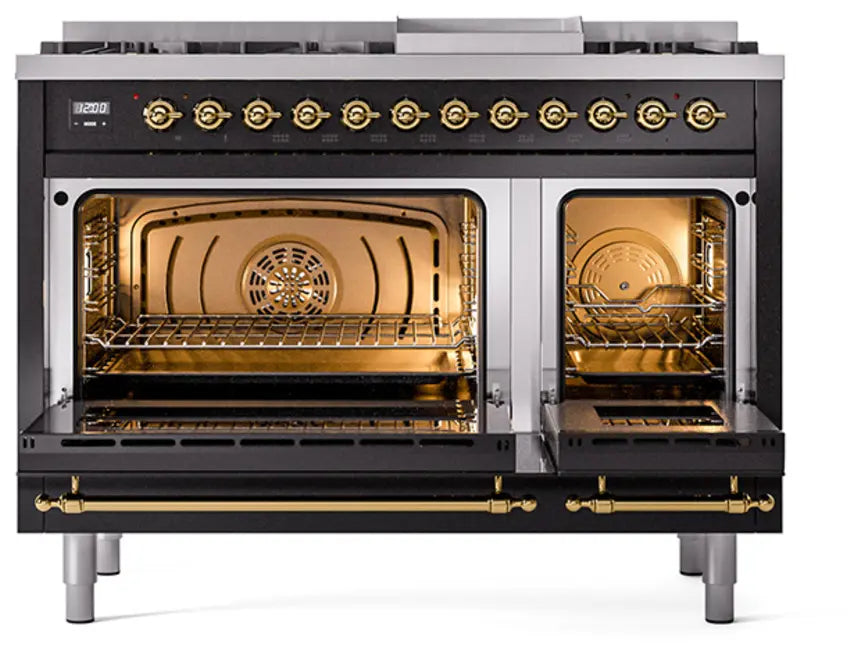 ILVE Nostalgie II 48-Inch Dual Fuel Range with 8 Burners and Griddle, Glossy Black Brass Trim LP