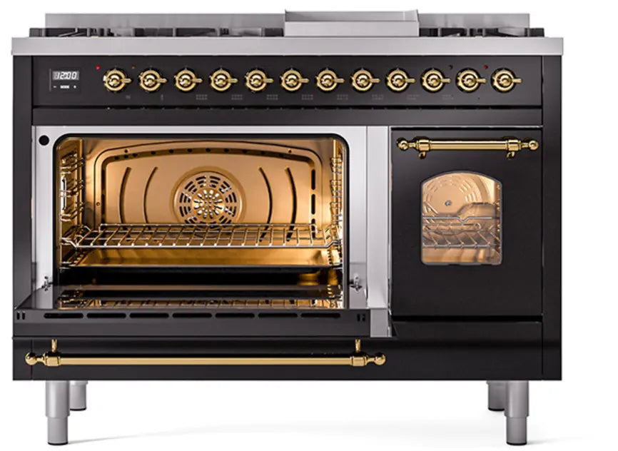 ILVE Nostalgie II 48-Inch Dual Fuel Range with 8 Burners and Griddle, Glossy Black Brass Trim LP