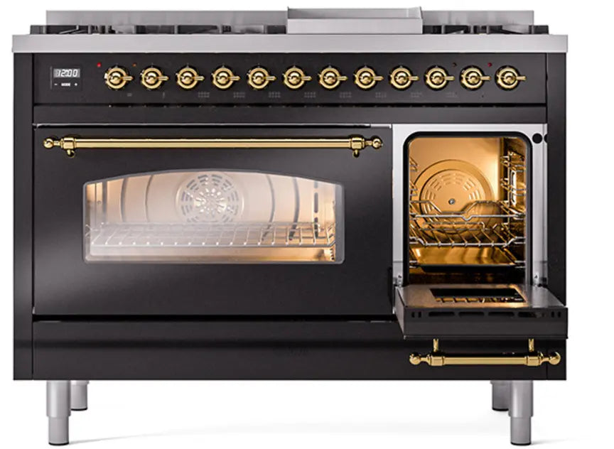 ILVE Nostalgie II 48-Inch Dual Fuel Range with 8 Burners and Griddle, Glossy Black Brass Trim LP