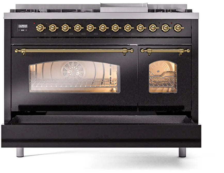 ILVE Nostalgie II 48-Inch Dual Fuel Range with 8 Burners and Griddle, Glossy Black Brass Trim LP