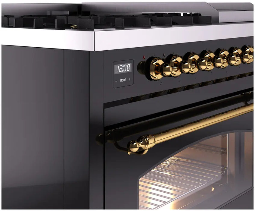 ILVE Nostalgie II 48-Inch Dual Fuel Range with 8 Burners and Griddle, Glossy Black Brass Trim LP