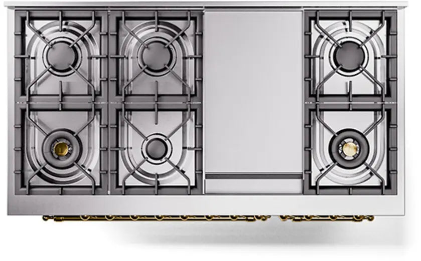 ILVE Nostalgie II 48-Inch Dual Fuel Range with 8 Burners and Griddle, Glossy Black Brass Trim LP