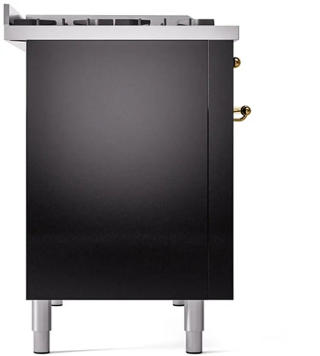 ILVE Nostalgie II 48-Inch Dual Fuel Range with 8 Burners and Griddle, Glossy Black Brass Trim LP
