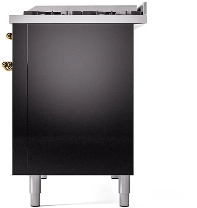 ILVE Nostalgie II 48-Inch Dual Fuel Range with 8 Burners and Griddle, Glossy Black Brass Trim LP