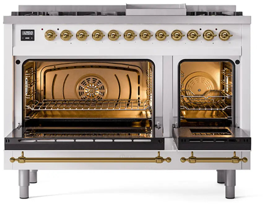 ILVE Nostalgie II 48-Inch Dual Fuel Range with 8 Burners and Griddle, White Brass Trim
