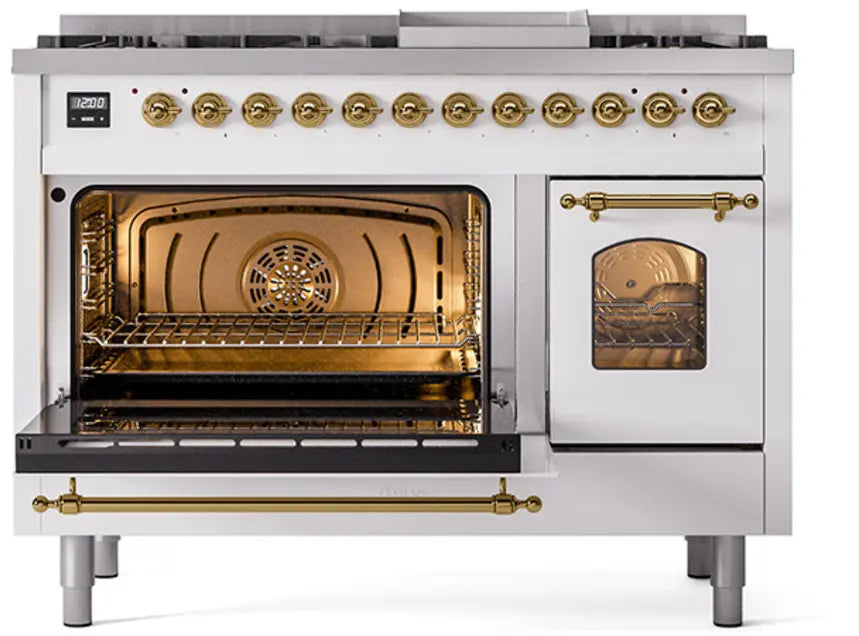 ILVE Nostalgie II 48-Inch Dual Fuel Range with 8 Burners and Griddle, White Brass Trim