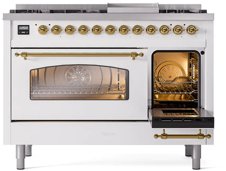 ILVE Nostalgie II 48-Inch Dual Fuel Range with 8 Burners and Griddle, White Brass Trim