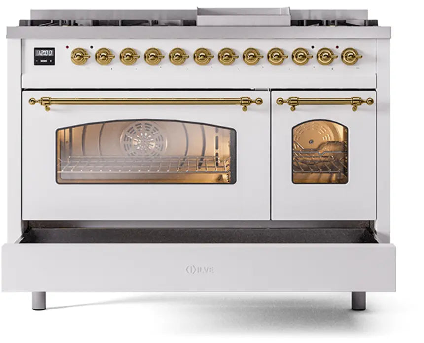 ILVE Nostalgie II 48-Inch Dual Fuel Range with 8 Burners and Griddle, White Brass Trim