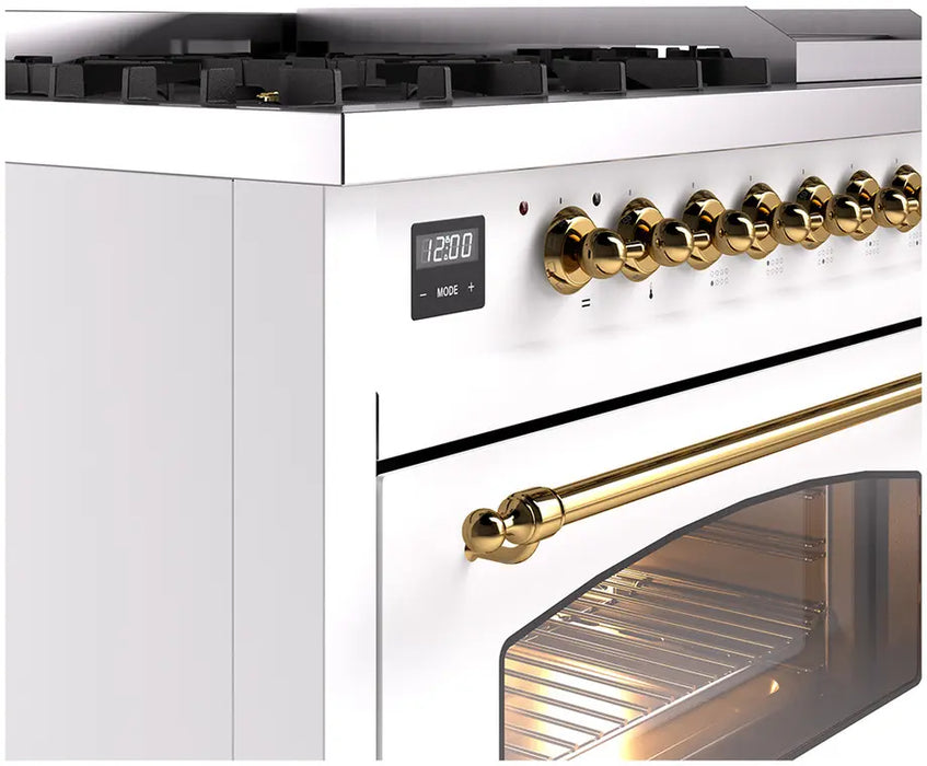 ILVE Nostalgie II 48-Inch Dual Fuel Range with 8 Burners and Griddle, White Brass Trim