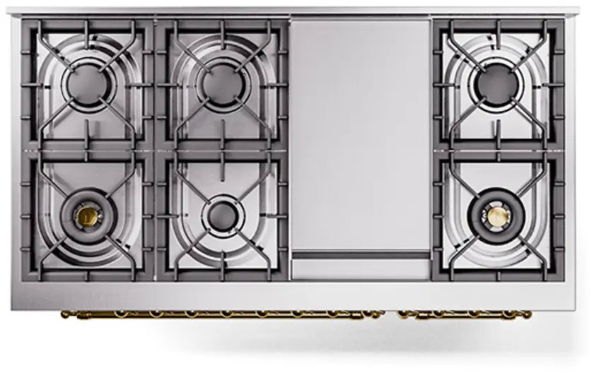 ILVE Nostalgie II 48-Inch Dual Fuel Range with 8 Burners and Griddle, White Brass Trim