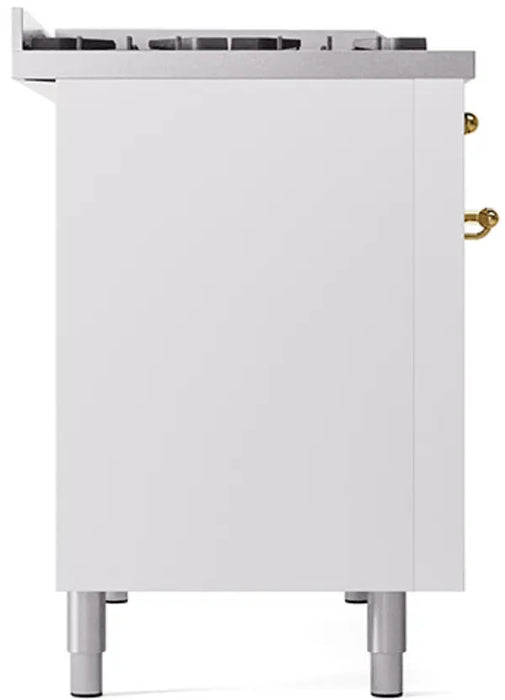 ILVE Nostalgie II 48-Inch Dual Fuel Range with 8 Burners and Griddle, White Brass Trim