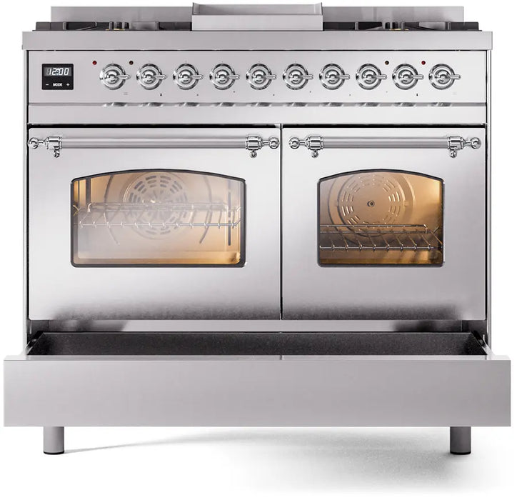 ILVE Nostalgie II 40-Inch Dual Fuel Range with Double Ovens, 6 Burners and Griddle, Stainless Steel Chrome Trim