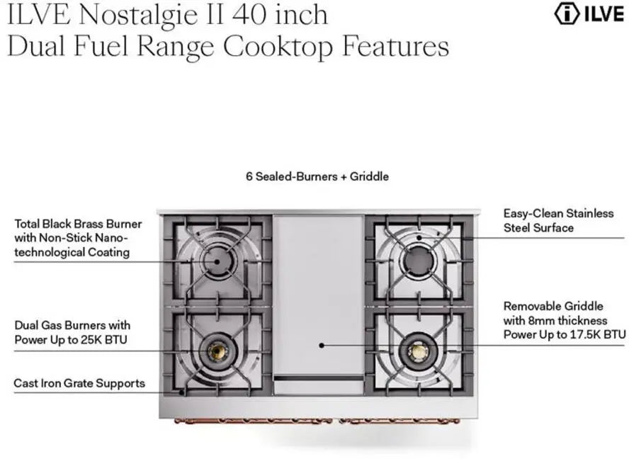 ILVE Nostalgie II 40-Inch Dual Fuel Range with Double Ovens, 6 Burners and Griddle, Stainless Steel Chrome Trim LP