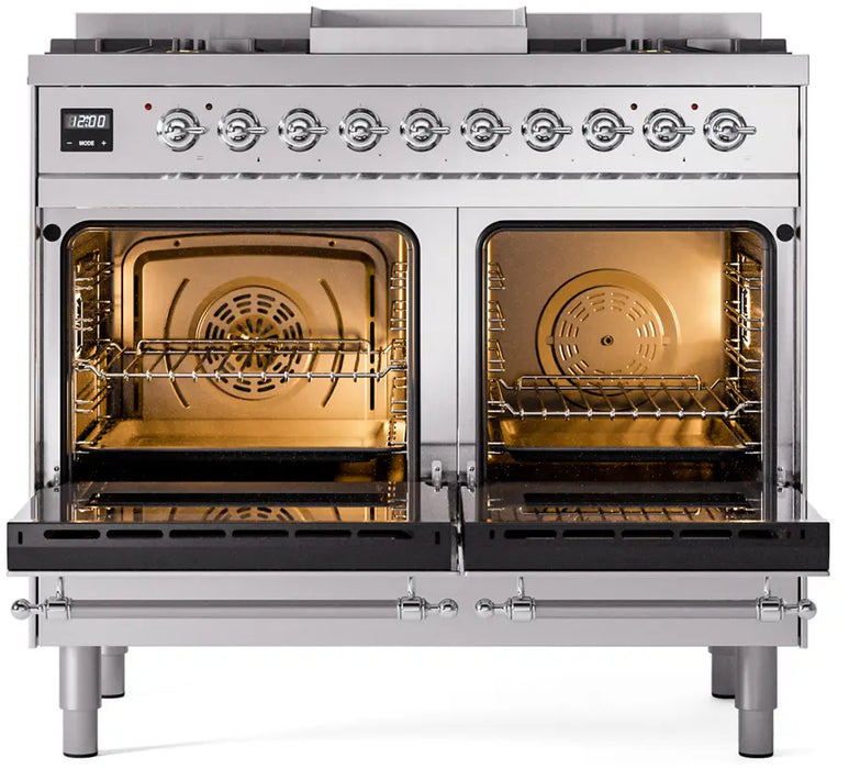 ILVE Nostalgie II 40-Inch Dual Fuel Range with Double Ovens, 6 Burners and Griddle, Stainless Steel Chrome Trim LP