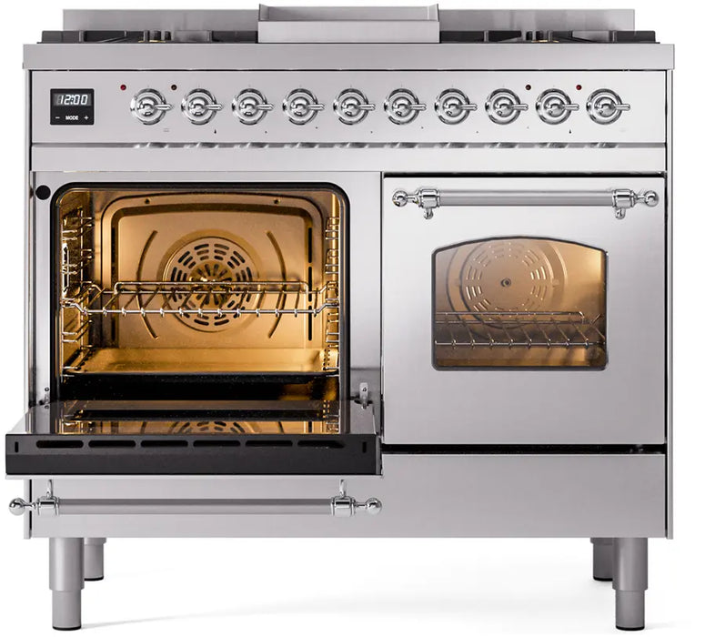 ILVE Nostalgie II 40-Inch Dual Fuel Range with Double Ovens, 6 Burners and Griddle, Stainless Steel Chrome Trim LP