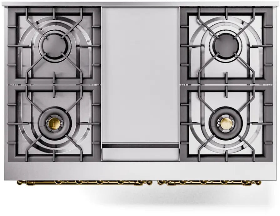 ILVE Nostalgie II 40-Inch Dual Fuel Range with 6 Burners and Griddle, Stainless Steel Brass Trim