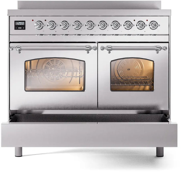 ILVE Nostalgie II 40-Inch Induction Range with 6 Elements and Double Ovens, Stainless Steel Chrome Trim