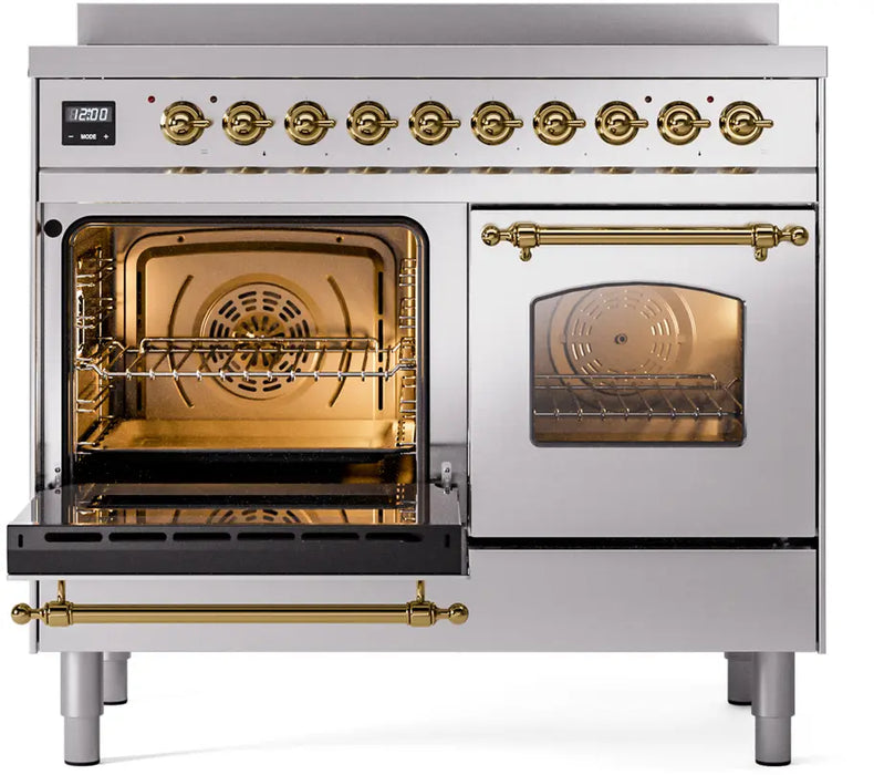 ILVE Nostalgie II 40-Inch Induction Range with 6 Elements and Double Ovens, Stainless Steel Brass Trim