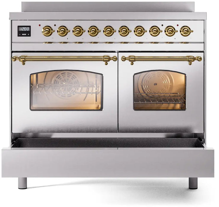 ILVE Nostalgie II 40-Inch Induction Range with 6 Elements and Double Ovens, Stainless Steel Brass Trim