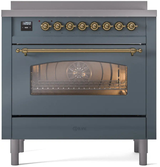 ILVE Nostalgie II 36-Inch Induction Range with 6 Elements, Blue Grey Brass Trim