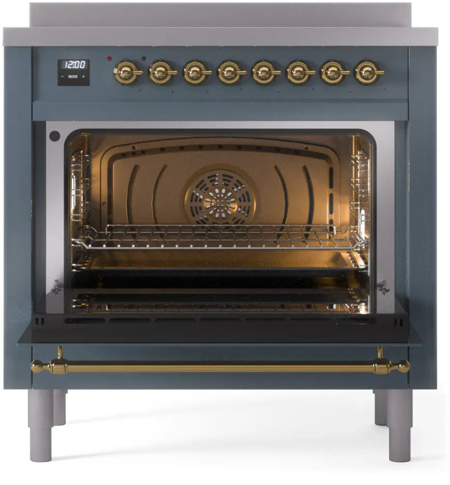 ILVE Nostalgie II 36-Inch Induction Range with 6 Elements, Blue Grey Brass Trim