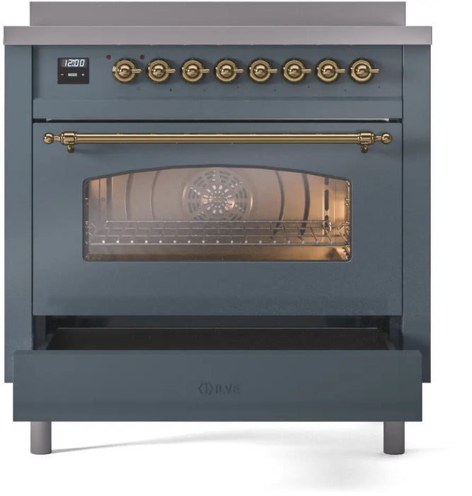 ILVE Nostalgie II 36-Inch Induction Range with 6 Elements, Blue Grey Brass Trim