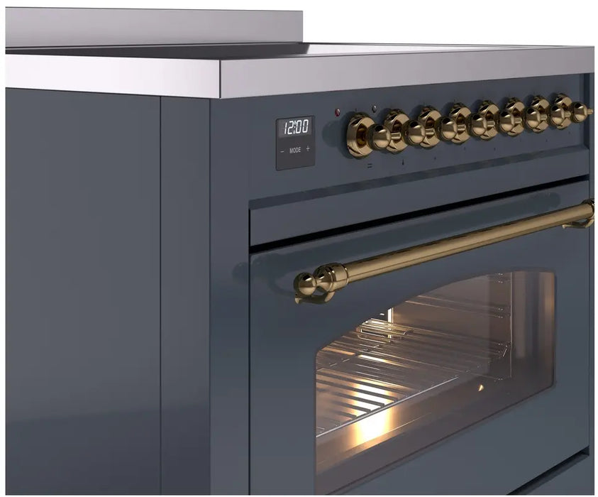 ILVE Nostalgie II 36-Inch Induction Range with 6 Elements, Blue Grey Brass Trim