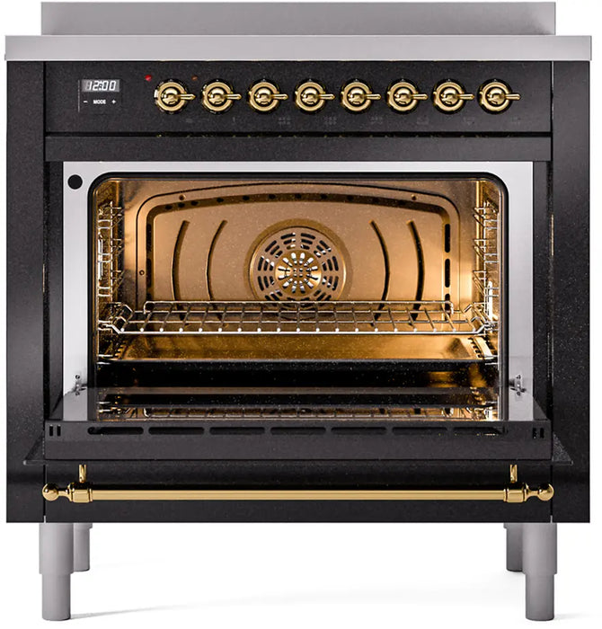 ILVE Nostalgie II 36-Inch Induction Range with 6 Elements, Glossy Black Brass Trim
