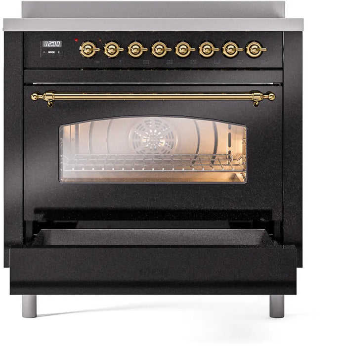 ILVE Nostalgie II 36-Inch Induction Range with 6 Elements, Glossy Black Brass Trim