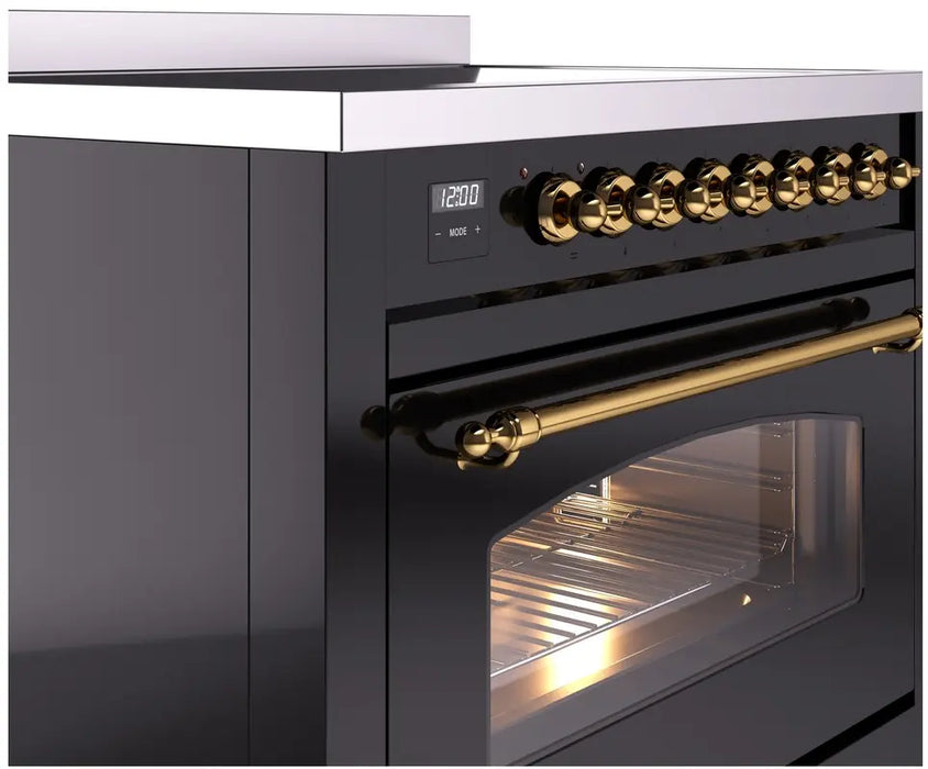 ILVE Nostalgie II 36-Inch Induction Range with 6 Elements, Glossy Black Brass Trim